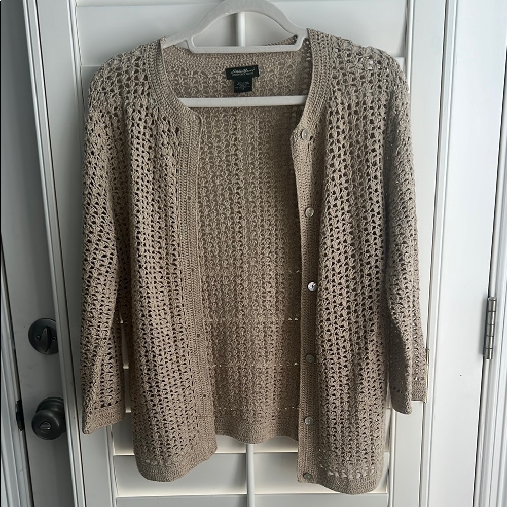 EUC Hand crocheted Eddie Bauer open knit cardigan. Size Medium
